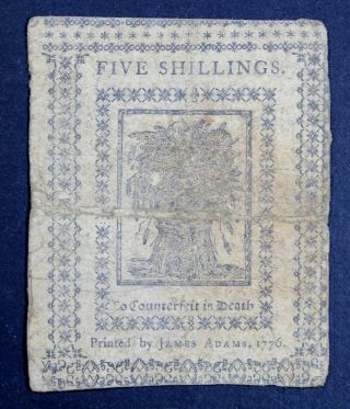 1776 Colonial Currency 5 Shillings Delaware