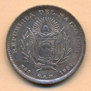 El Salvador 20 Centavos 1892 Cam Central America Silver 5,  00 Gr.