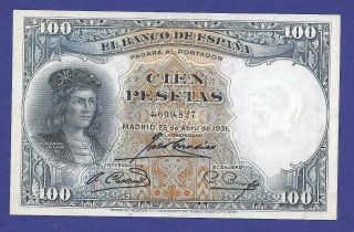 100 Pesetas 1931 Banknote From Spain Extremely Rare Blue Variety
