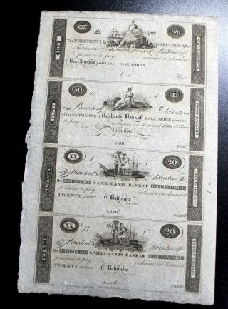1820’s $100 - $50 - $20 - $20 Uncut Sheet Farmers & Merchants Bank Of Baltimore