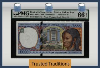 Tt Pk 305fa 1994 Central African States 10000 Francs Pmg 66 Epq Gem Uncirculated