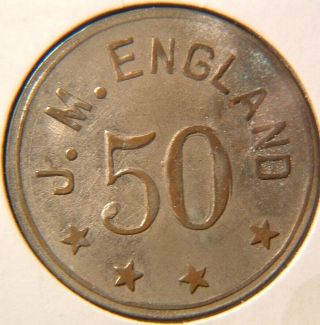 West Virginia 50¢ Ingle Token,  J.  M.  England,  Peterstown,  W.  Va.  (monroe County)