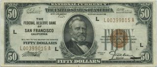 1929 $50 Frbn Federal Reserve Bank Of San Francisco,  Ca Fr 1880 - L