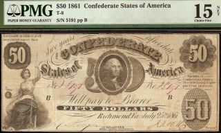 1861 $50 Dollar Bill Confederate States Currency Civil War Note Money T - 8 Pmg