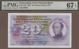 Switzerland: 20 Franken Banknote,  (unc Gem Pmg67),  P - 46i,  26.  10.  1961,  No Rese