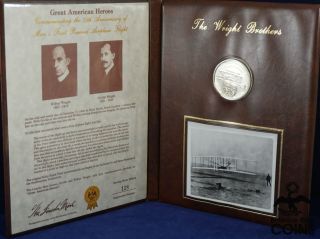 Great American Heroes: Wright Brothers Silver (. 925) Coin In Folder W/