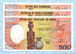 Congo Republic,  Equatorial Guinea & Gabon 3x500 Francs 1985 P8a,  P20,  P8 Unc