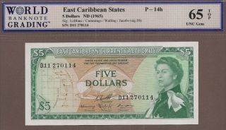 East Caribbean States: 5 Dollars Banknote,  (unc Wbg65),  P - 14h,  1965,