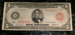 1914 Circulated Large Five Dollar $5 Red Seal Note