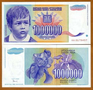 Yugoslavia,  1,  000,  000 (1000000) Dinara,  1993,  P - 120,  Aa - Prefix,  Unc Boy
