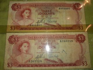 (2) 1965 The Bahamas Government $3 Bill Notes Circulated Pre - Owned
