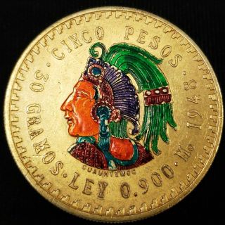 1948 Mexico Cinco 5 Five Pesos 30g Silver Enamel Colorized Mexican Coin Mxp4810