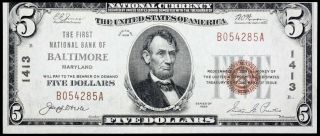 Ch 1413 $5 1929 National Bank Of " Baltimore,  Md " About Uncirculated