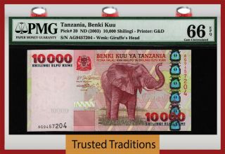 Tt Pk 39 Nd (2003) Tanzania Benki Kuu 10000 Shilingi " Elephant " Pmg 66 Epq Gem