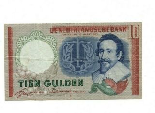 Bank Of Netherlands 10 Gulden 1953 Vf