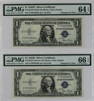 1935 D $1 Silver Certificate Pmg Cer 64/66 Epq Change Over Pair Wide/narrow