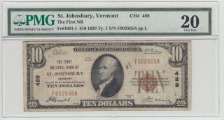 $10 First National Bank Of St.  Johnsbury,  Vermont,  1929 Series,  T - 1 Ch 489,  Vf20