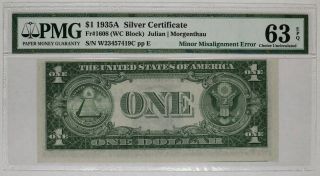 1935 A $1 Silver Certificate Misalignment Error Note Fr.  1608 Pmg Cert Cu 63 Epq