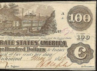 1862 $100 Dollar Confederate States Currency Civil War Note Paper Money T - 39 Ef
