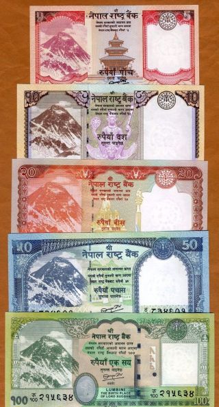 Set Nepal,  5;10;20;50;100 Rupees,  2012 - 2017,  P -,  Unc Everest,  Animals