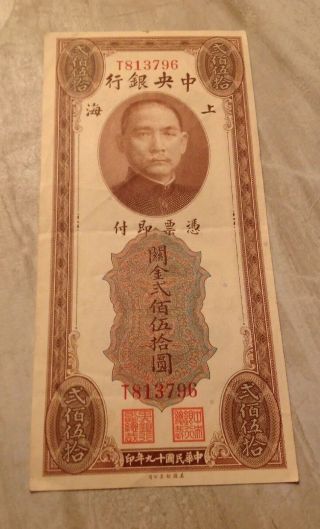 China Republic Central Bank Shanghai 250 Customs Gold Units 1930 T796