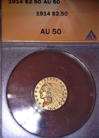 1914 Indian 2.  50 Gold Piece Anacs Au50 Key Date,  No Issue Coin