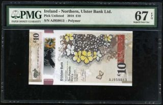 Northern Ireland 10 Pounds 2018 Ulster Polymer Gem Unc Pmg 67 Epq Nr