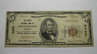 $5 1929 Bennington Vermont Vt National Currency Bank Note Bill Ch.  2395 Fine