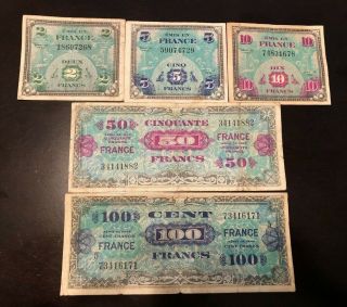 1944 France Wwii - Allied Military Currency 5 Notes Set World Currency