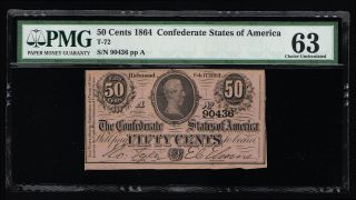 Affordable Csa T - 72 1864 Confederate 50¢ Note Pmg 63 Choice Uncirc