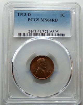 1913 D Lincoln Head Cent - Pcgs Certified Ms 64 Rb