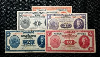1943 Netherlands Indies 50 Cent 1 2 1/2 5 10 Gulden P110 P111 P112 P113 P114