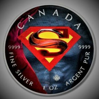 2016 Canada Maple " Superman Shield " Colorized 1oz.  9999 Silver Coin 267