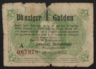 Danzig (p38a) 1 Gulden 1923 Vg/vg,  Scarce