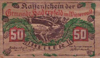 50 Heller Wooden Banknote From Austria/hadersfeld 1920 Unique Made Of Wood