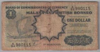561 - 0089 Malaya & British Borneo| Commissioners,  1 Dollar,  1959,  Pick 8a,  F - Vf