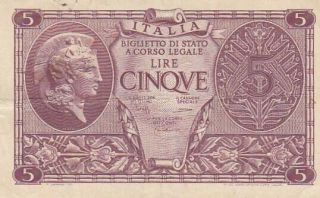 1944 Italy 5 Lire Note,  Pick 31c