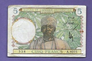 Billet Splendide 5 Francs 6 Mai 1942 Banque De L’afrique Occidentale K - 18