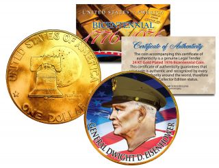 General Dwight D Eisenhower Colorized 1976 Ike Dollar U.  S.  Coin 24k Gold Plated