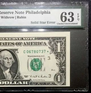 1995 $1 Solid Star Error - Pmg 63 Epq Choice Uncirculated - Rare Find