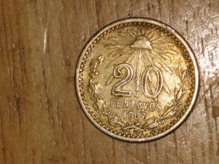 Mexico 1907 Straight 7 Silver 20 Centavos Coin Very Fine
