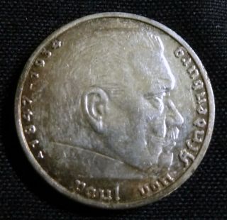German Nazi Era Coin,  1938 5 Reichs Mark,  Paul Von Hindenburg