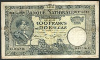 1930 Belgium 100 Francs Note.