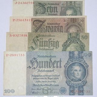 4 X Germany Reichsbanknote 10 Up To 100 Mark Notes 3.  Reich,  Vintage Paper Money