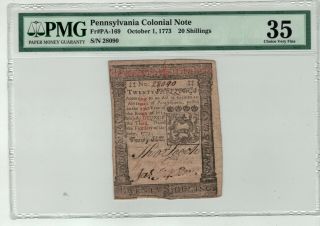 20 Shillings Pennsylvania Colonial Note Pmg 35 Choice Very Fine Oct 1 1773