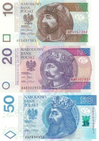 Poland 3 Note Set: 10,  20 & 50 Zlotych (5.  1.  2012) - P183,  P184 & P185