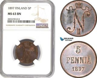 Ad725 - R,  Finland,  Nicholas Ii.  Of Russia,  5 Penniä 1897,  Ngc Ms63bn