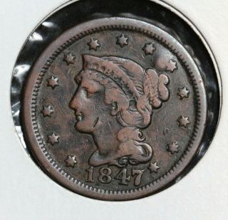 1847/47 Large/small 47 Braided Hair Large Cent Newcomb N - 2 Vg/fine Tough Variety