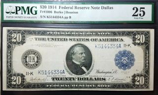 Fr 1006 1914 $20 Federal Reserve Note Dallas Vf25 Tough District