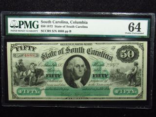 1872 $50 State Of South Carolina,  Columbia Pmg Choice Unc 64 Sccr8 Sn 4888